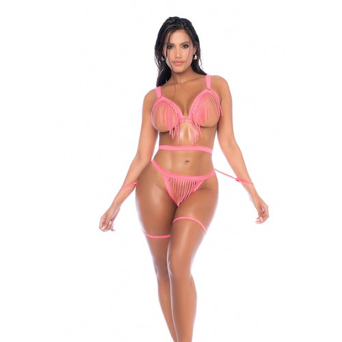 Turn up the heat with this playful two-piece set in a vibrant wet-look pink. It