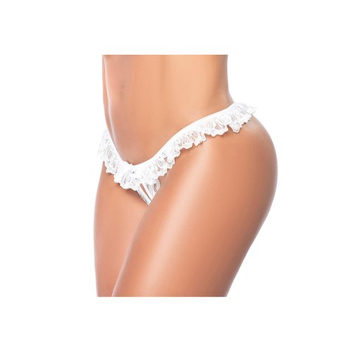 Floral lace peek-a-boo panty, ruffled waistband and decorative bow design