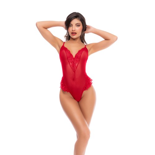 Sheer dotted mesh and lace teddy with a plunging neckline, adjustable straps, and lace-up