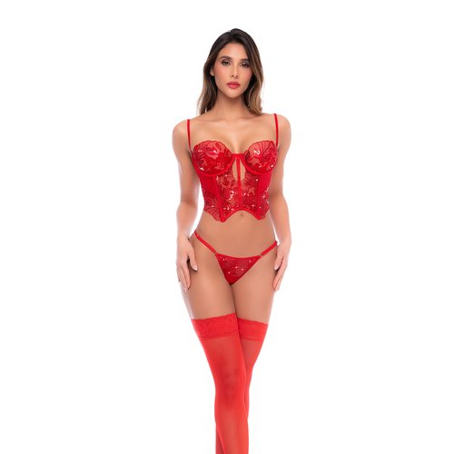 Two-piece set featuring a sequin embroidered bustier with structured cups and adjustable s