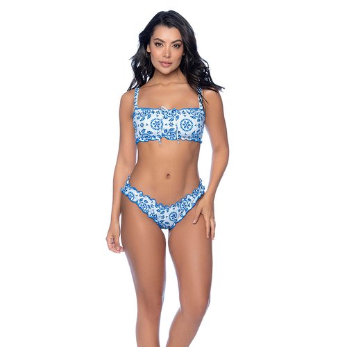 Inspired by summer romance, this two-piece swimsuit features a nostalgic eyelet print. It