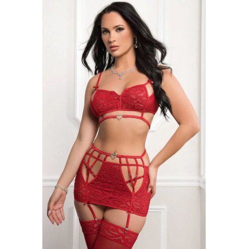 3PC ZIPPER TOP WITH GARTER MINI SKIRT & STOCKINGS RED FIERY - GWOH2463RFIE