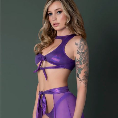 GLIMMER CROP TOP SKIRT TANGA METALLIC PURPLE L/XL
