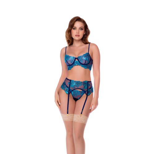 Three-piece set featuring an underwire bra with sheer embroidered cups, matching thong, an