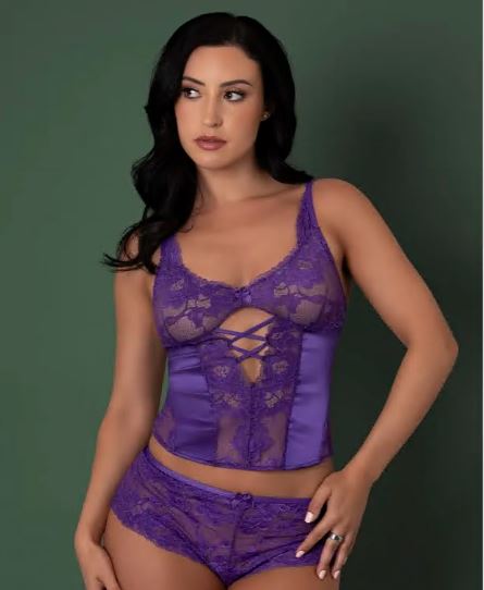SATIN PETALS BUSTIER & BOY SHORT PURPLE L