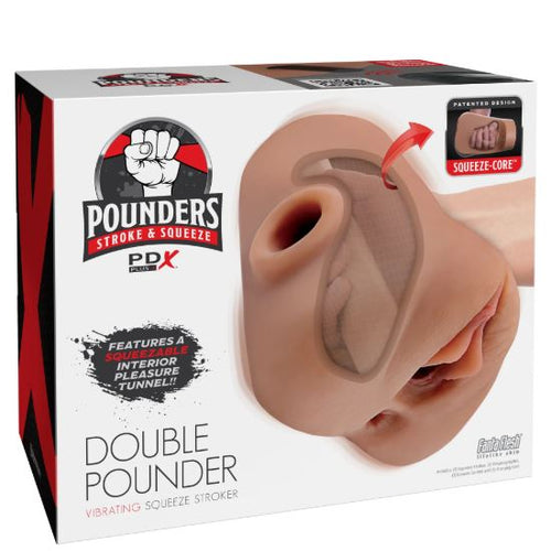 PDX PLUS DOUBLE POUNDER VIBRATING SQUEEZE STROKER BROWN - PDRD43429