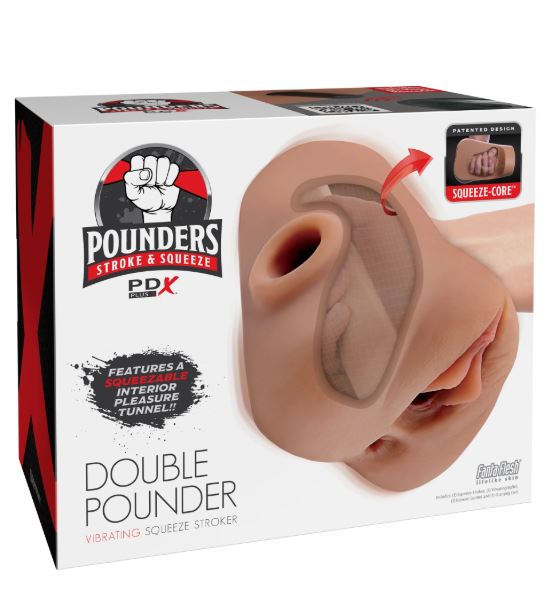 PDX PLUS DOUBLE POUNDER VIBRATING SQUEEZE STROKER BROWN - PDRD43429