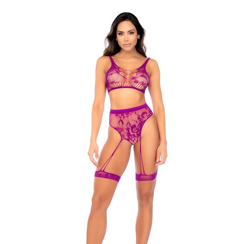 Romance meets seduction in this floral fishnet two-piece set. The bralette featu