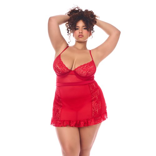 A playful babydoll with lace and sheer mesh contrasts. Includes underwire, adjustable stra