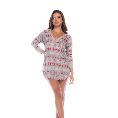 Long sleeved sleep chemise in a fun Christmas print. Loose silhouette. 7597. Hand Wash. Do