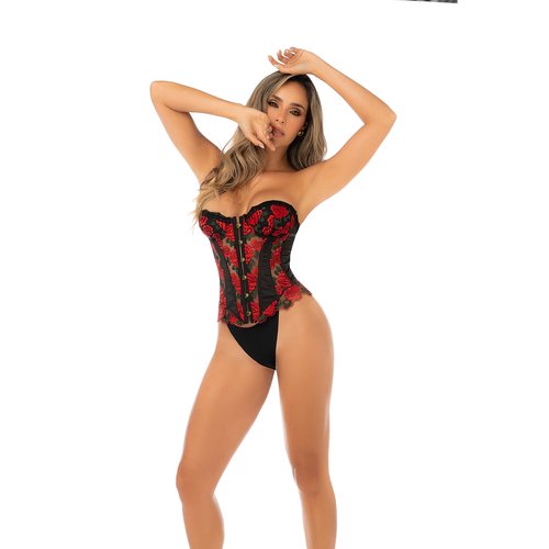 Strapless embroidered corset with structured boning and lace-up back. Bold and sculpting w