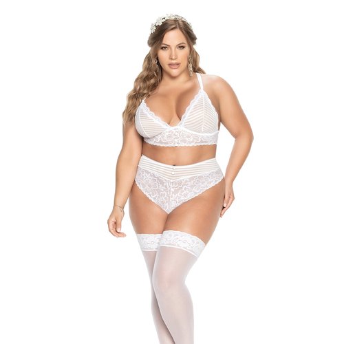 Fall in love with this flirty two-piece set in striped mesh and floral lace with delicate