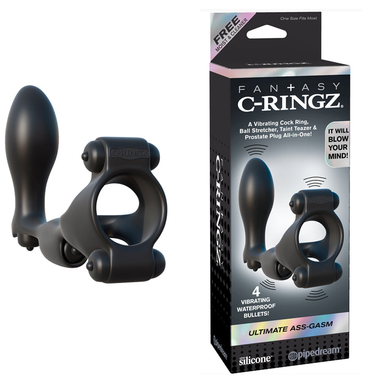 Pipedream Fantasy C-Ringz Ultimate Ass-Gasm Vibrating Silicone Cockring With Anal Plug Black