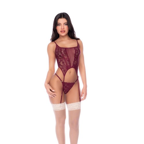Two-piece set featuring a sheer lace bodysuit with adjustable straps and attached garters