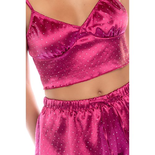 Add a touch of luxury to your nightwear. Two-piece satin set with rhinestone sparkles. Adj