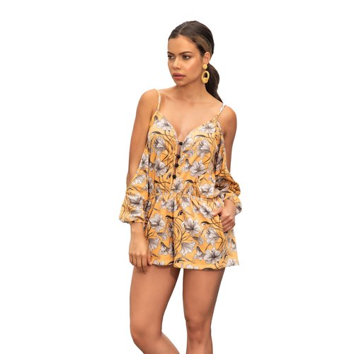 Sunshine yellow floral print and trendy cold shoulder silhouette make up for this cute rom