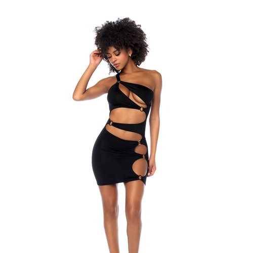A provocative dress with asymmetrical cuts and ring details. 40006.