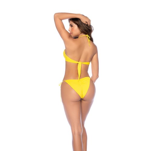 This vibrant two-piece swimsuit features an underwire top with ruched detailing, accented
