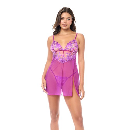 A one-of-a-kind babydoll crafted in sheer mesh with beautiful floral embroidery. Features