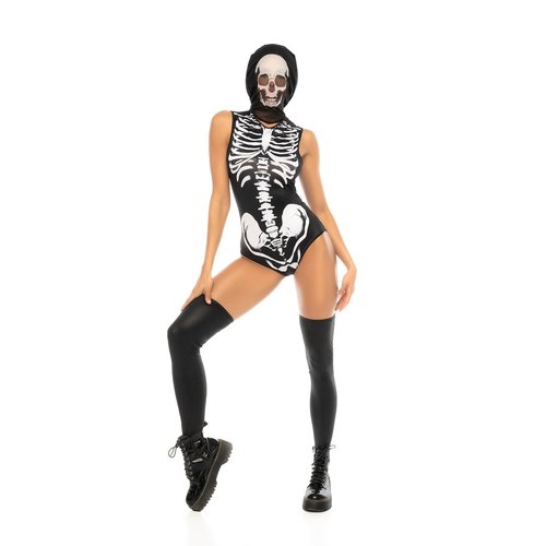 Secure the title for the best costume with this skeleton print bodysuit that is