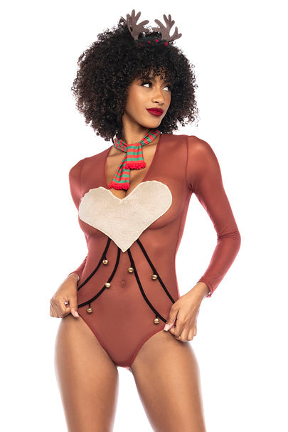 Sexy reindeer costume. Includes long-sleeved sheer mesh bodysuit with stuffed animal detai