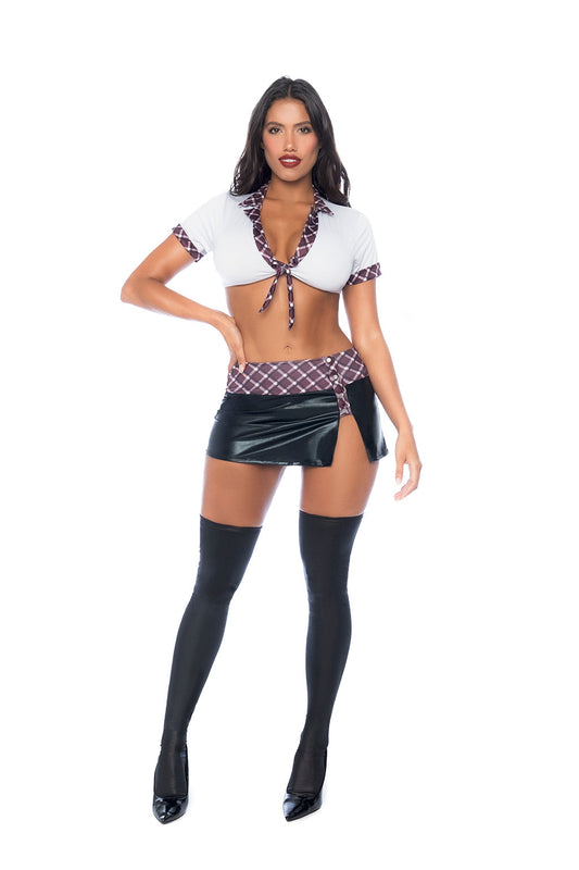 This sexy schoolgirl costume includes two bold pieces a front tie top with a flirty design