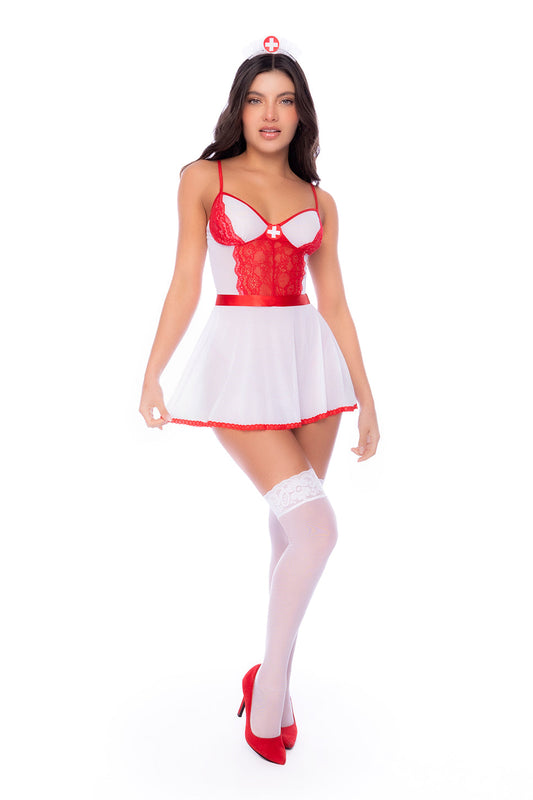 Three-piece set featuring a lace bodice with adjustable straps, matching thong, and mini s