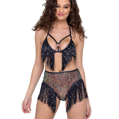 6220 - Sequin Fishnet Triangle Tie Top