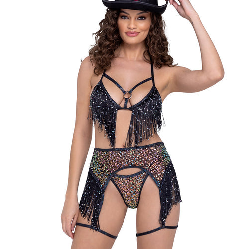 6220 - Sequin Fishnet Triangle Tie Top
