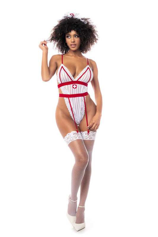 You will cure all their needs with this sexy nurse costume. Striped mesh bodysuit with lac