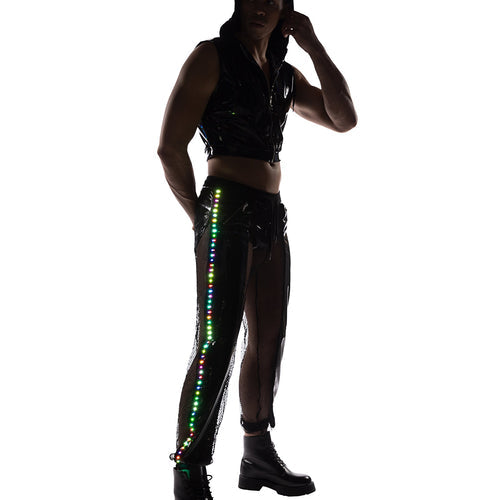 6510 - Vinyl with Iridescent Print Cropped Zip-Up Hooded Sleeveless Jacket