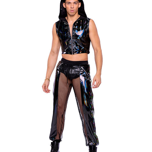 6510 - Vinyl with Iridescent Print Cropped Zip-Up Hooded Sleeveless Jacket