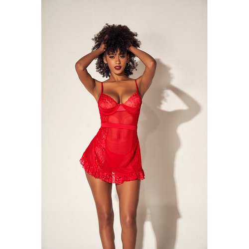 A playful bodysuit with lace and sheer mesh with underwire, adjustable straps, back-tie op