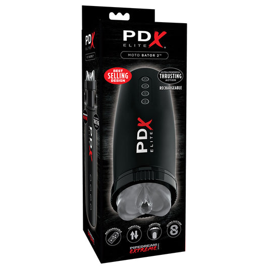 PDX Elite Motobator 2 Rechargeable Thrusting Vibrating Masturbator Clear/Black