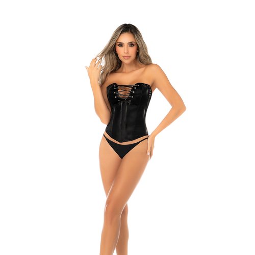 Strapless faux leather corset with front lace-up detail, structured boning, and lace-up ba