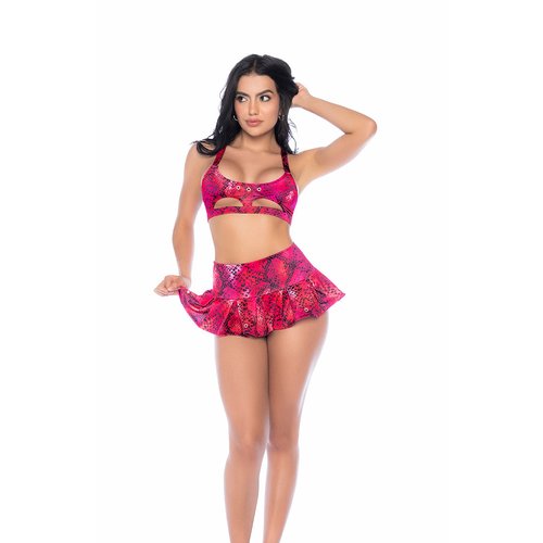 This flirty two-piece set in a bold fuchsia snake print is designed to turn head