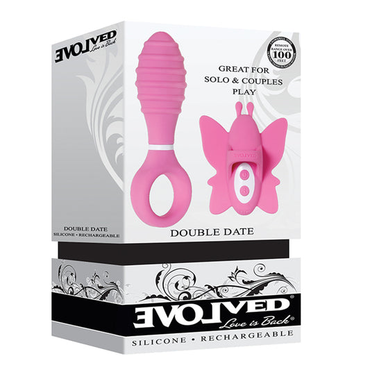 Evolved Double Date Rechargeable Silicone Vibrating Anal Plug and Clit Stimulator Couples Set Pink