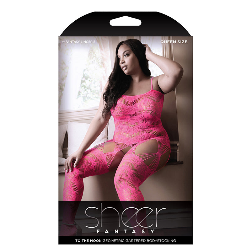 Fantasy Lingerie Sheer To The Moon Multi-Garter Geometric Bodystocking Neon Pink