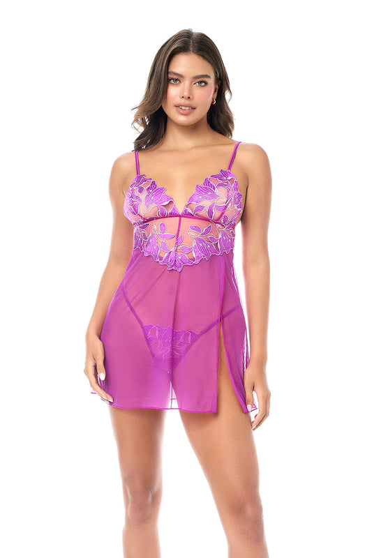 A one-of-a-kind babydoll crafted in sheer mesh with beautiful floral embroidery. Features