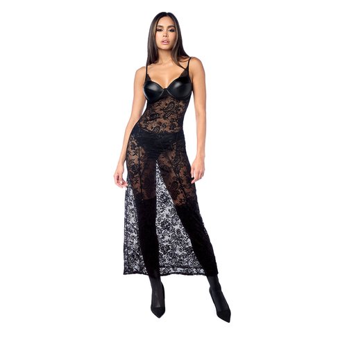 Elegance with an edge. This sensual maxi gown stuns in delicate lace, paired with high-qua