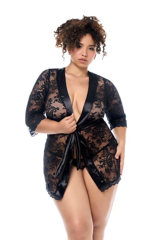 A must-have for any lingerie collection. This classic lace robe features soft satin trim