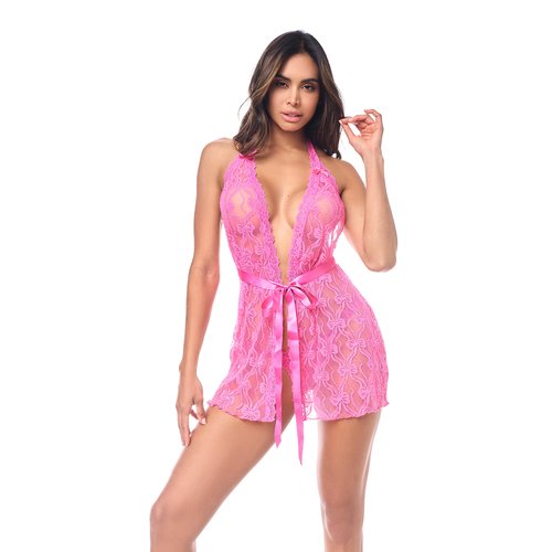 A sensual plunging babydoll featuring a flirty front tie and delicate bow accents. Include
