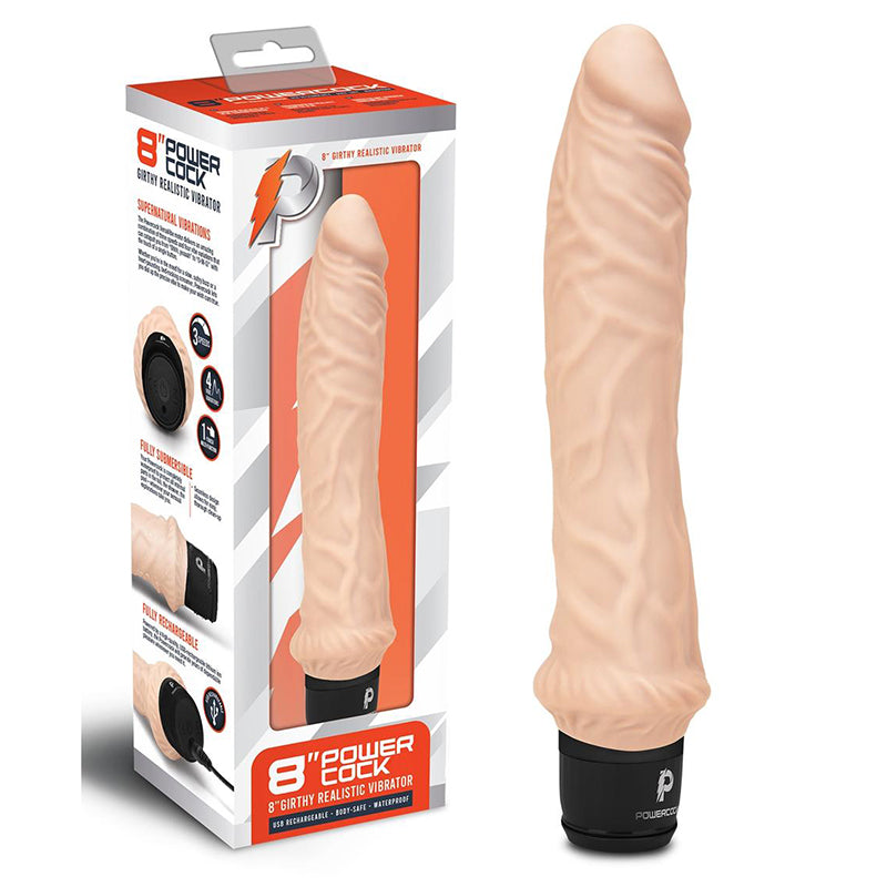 Powercock 8 in. Girthy Realistic Vibrator Rechargeable Silicone Vibrating Dildo