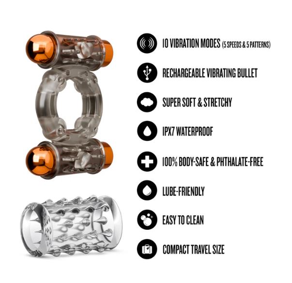 STAY HARD VIBRATING COCK RING SET W/SLEEVE AND 2 BULLETS - BN77509