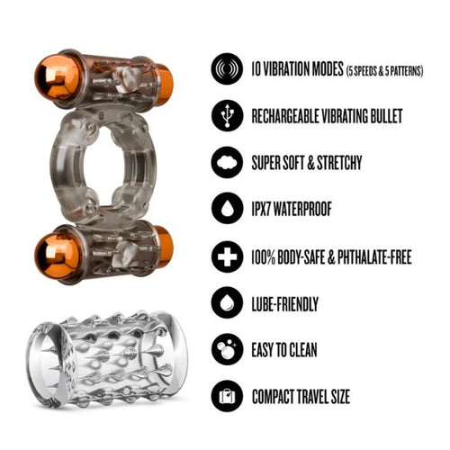 STAY HARD VIBRATING COCK RING SET W/SLEEVE AND 2 BULLETS - BN77509