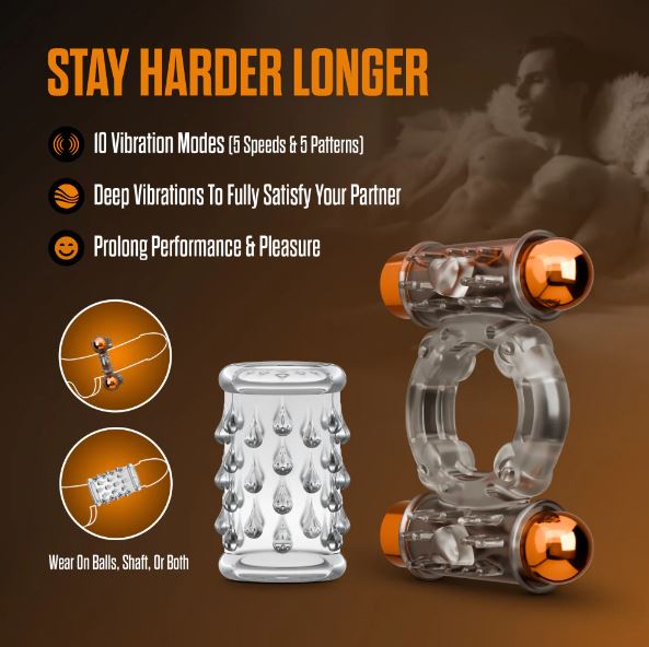 STAY HARD VIBRATING COCK RING SET W/SLEEVE AND 2 BULLETS - BN77509