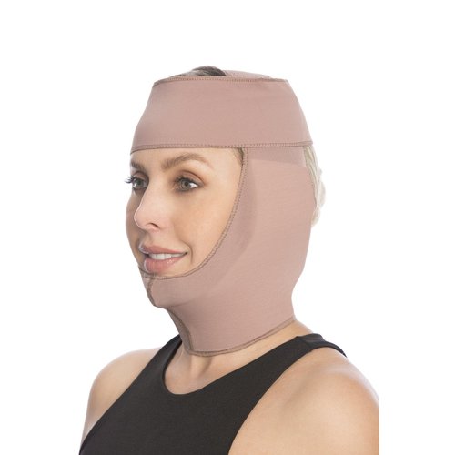 Split Hood with Full Neck Coverage. Used after a facial procedure such as bichectomy, doub