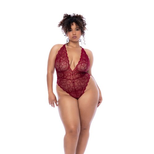 The most flattering bodysuit in a cotemporary wavy lace. Features a plunge neckline, open