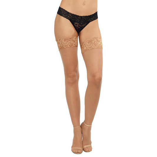 Dreamgirl Sheer Thigh-High Stockings with Silicone Lace Top Light OSSize OS: Size 2-14, Cup B/C, Weight 90-160 lbs., Bust 32-38", Waist 24-31", Hip 34-40"