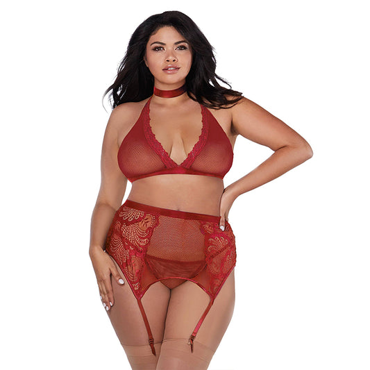 Dreamgirl Fishnet and Lace Four-Piece Set With Stretch Velvet Trim Accents Garnet Queen